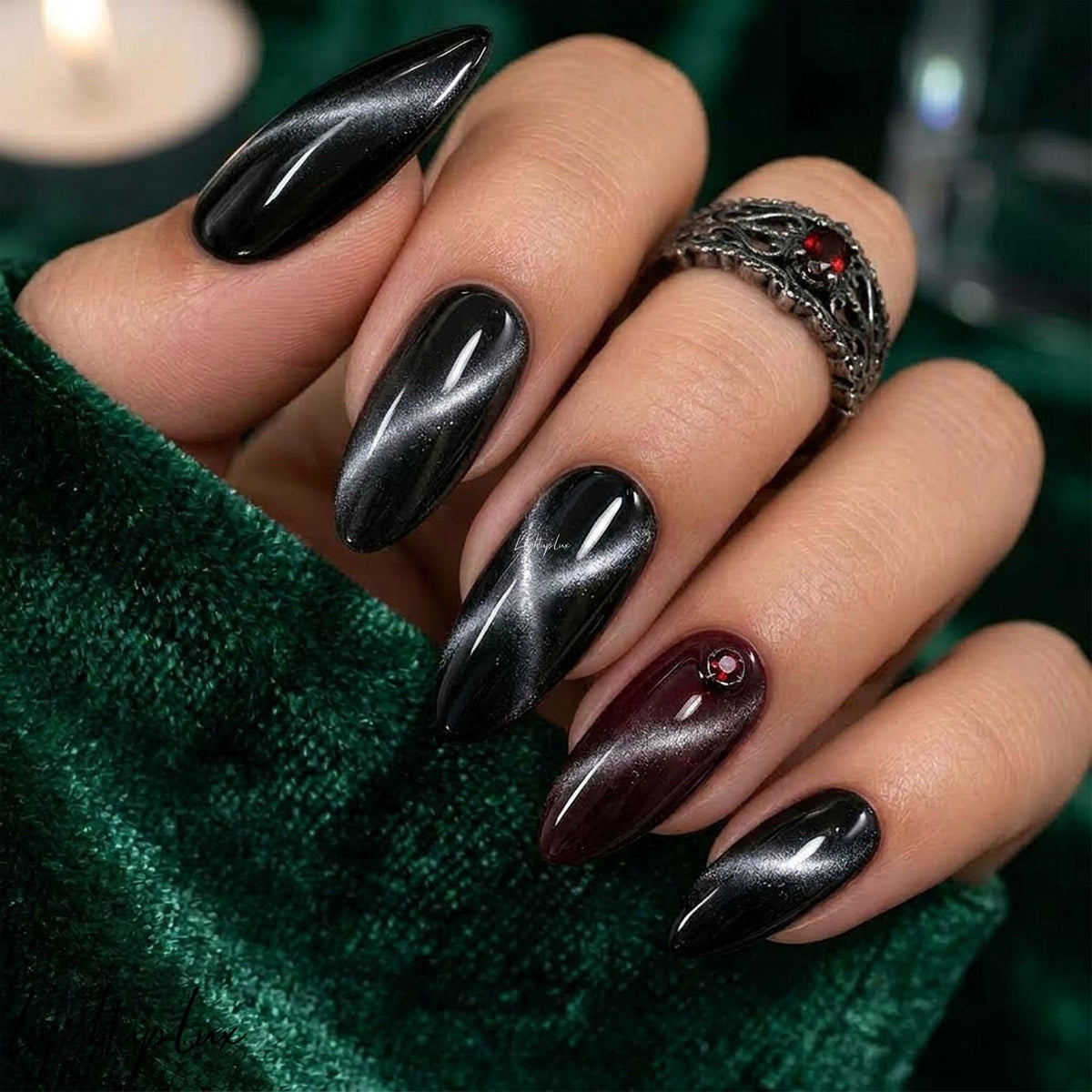 Black Cat Eye Press On Nails With Burgundy Rhinestone Accent