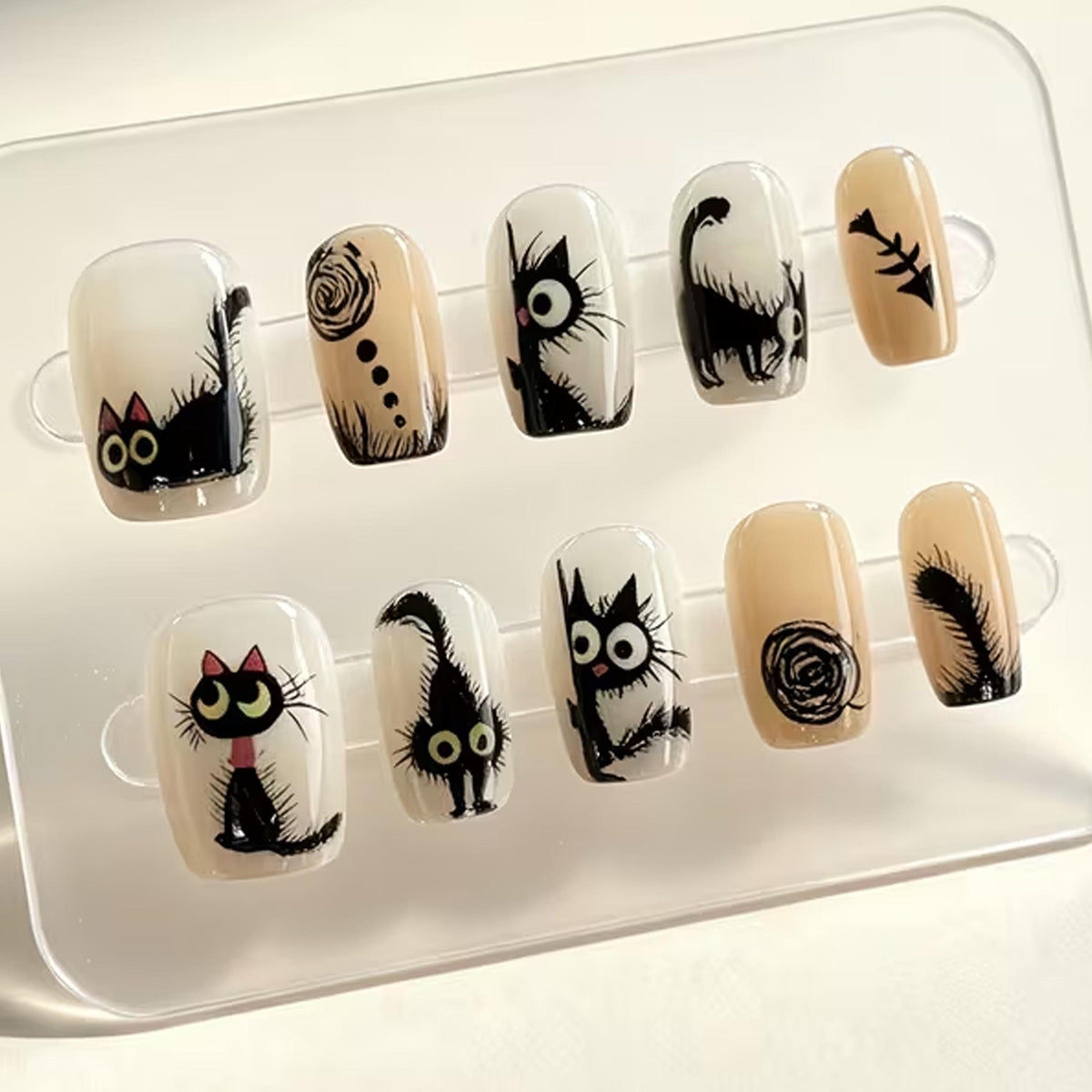 Black Cat Gothic Nail Set With Nude Bases and Hand-Drawn Eyes