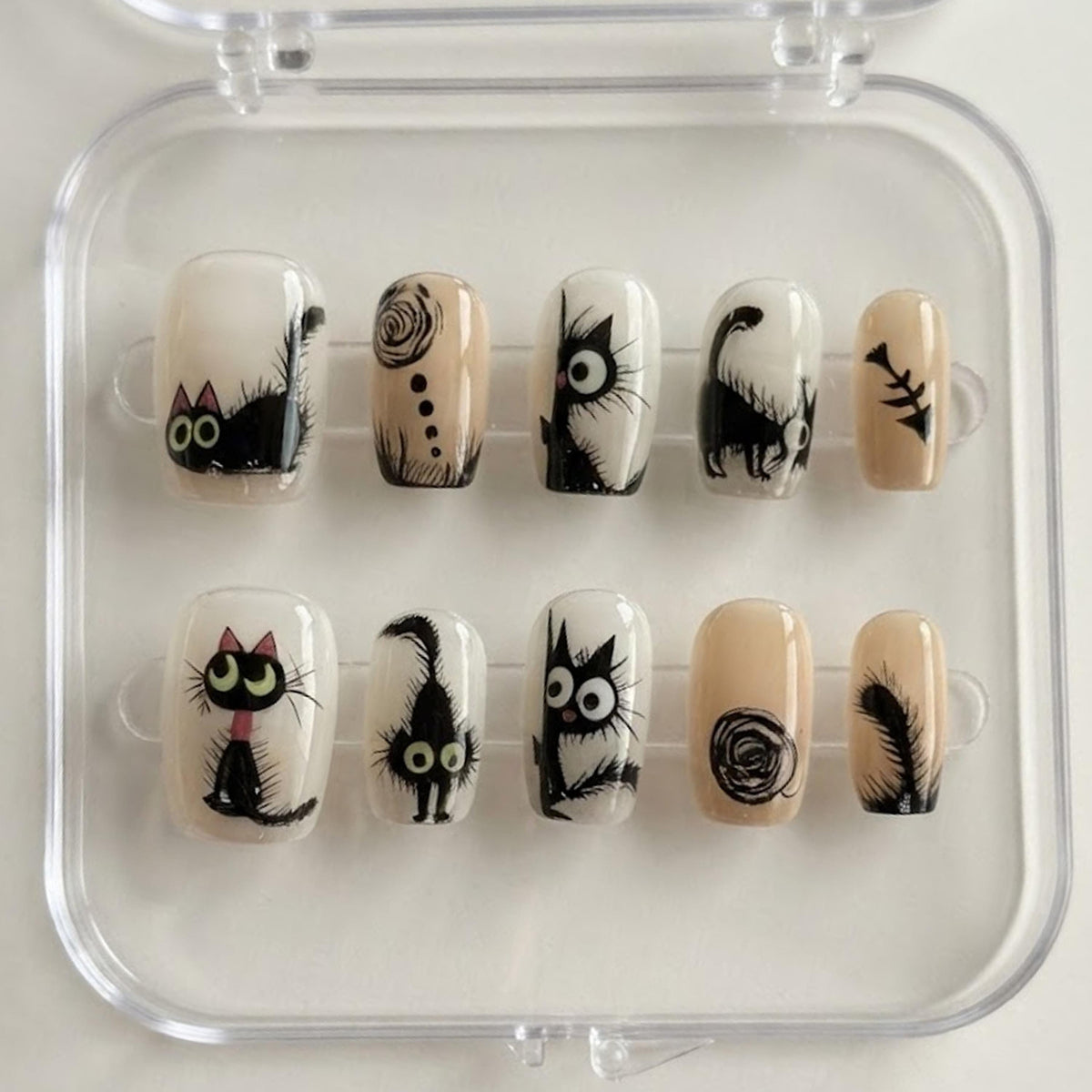 Black Cat Gothic Nail Set With Nude Bases and Hand-Drawn Eyes