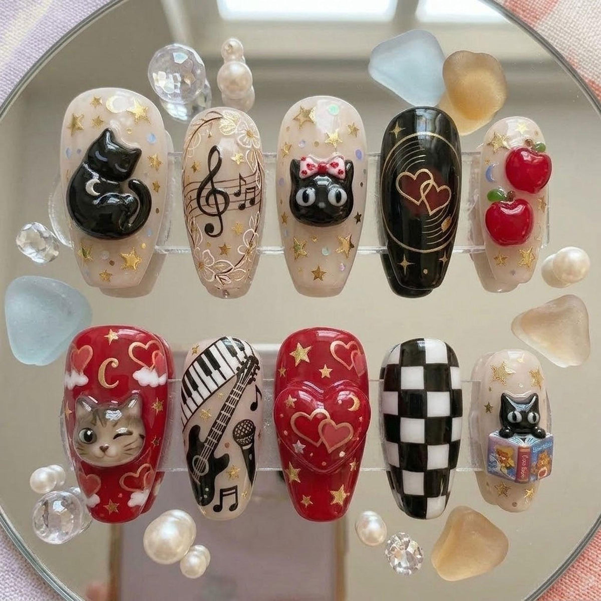 Black Cat, Music Note, Cherry & Checkerboard Press-On Nail Set