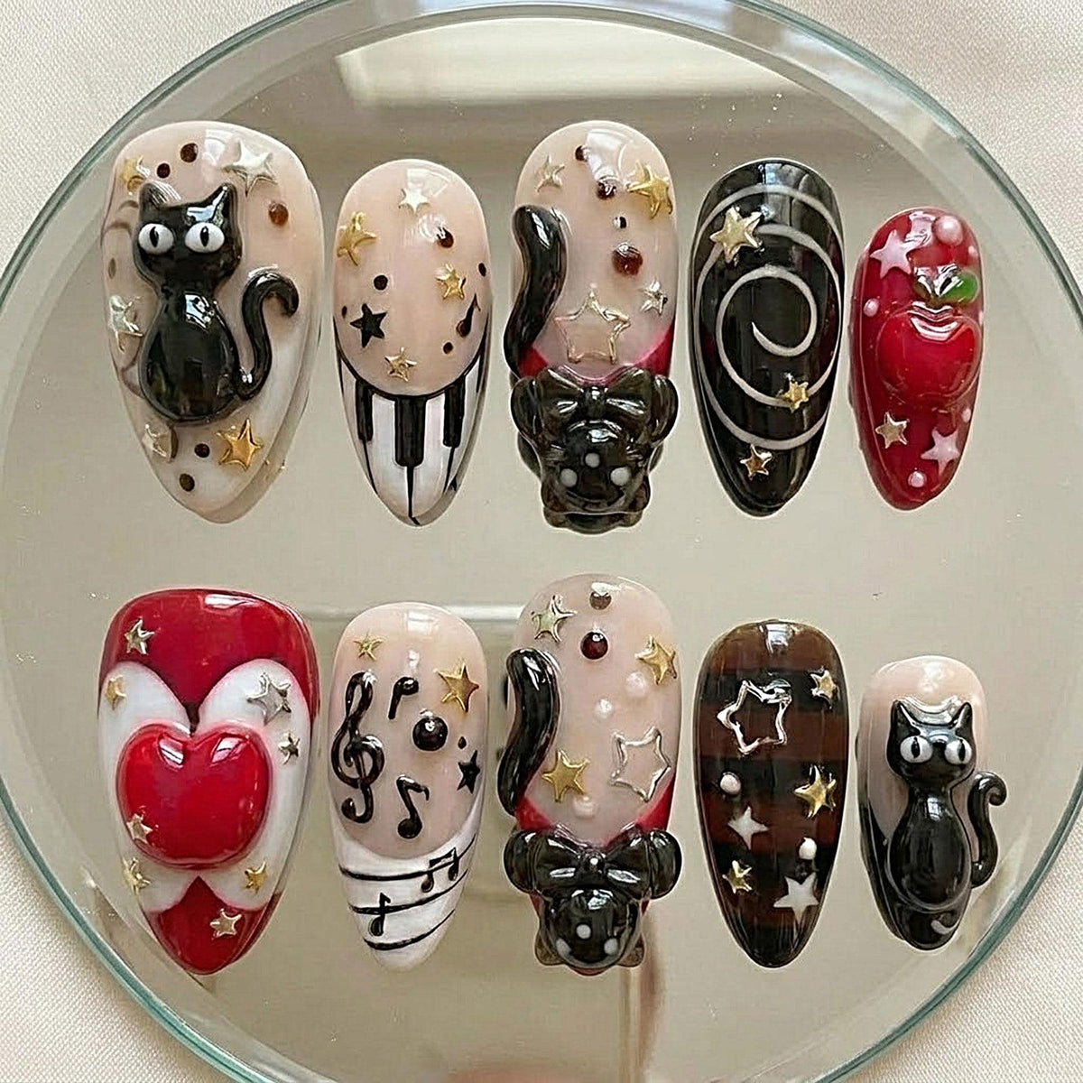 Black Cat, Red Heart, Cherry and Music Note Nail Set