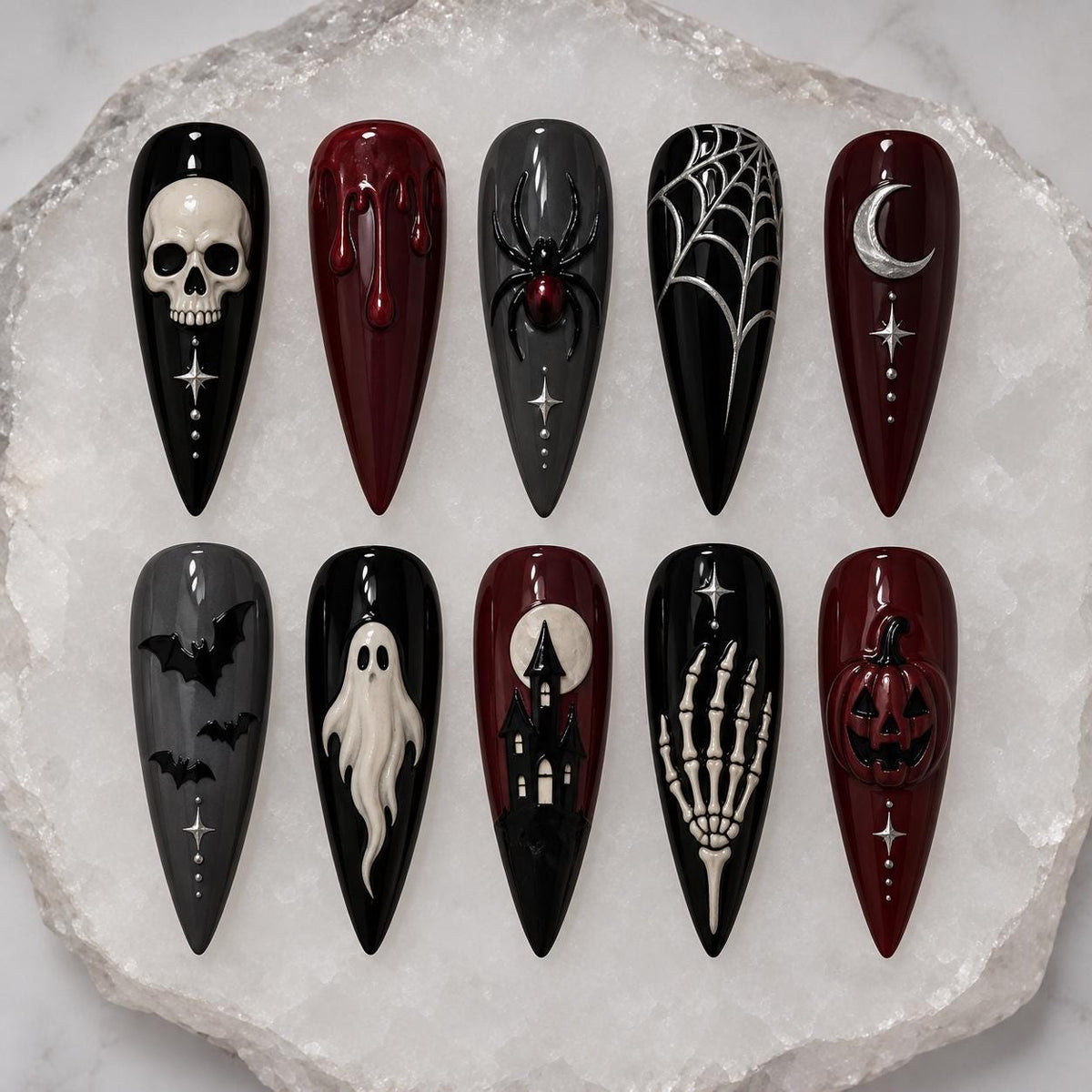 Black, Charcoal and Burgundy Halloween Press On Nails with Skulls, Ghosts and Spiderwebs