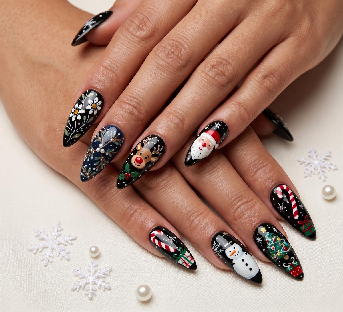 Black Christmas Nails With Santa, Reindeer, Snowman, Candy Canes and Trees