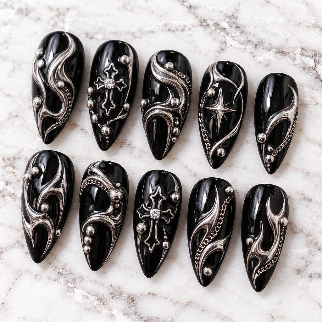 Black Chrome Gothic Cross and Star Press-On Nail Set