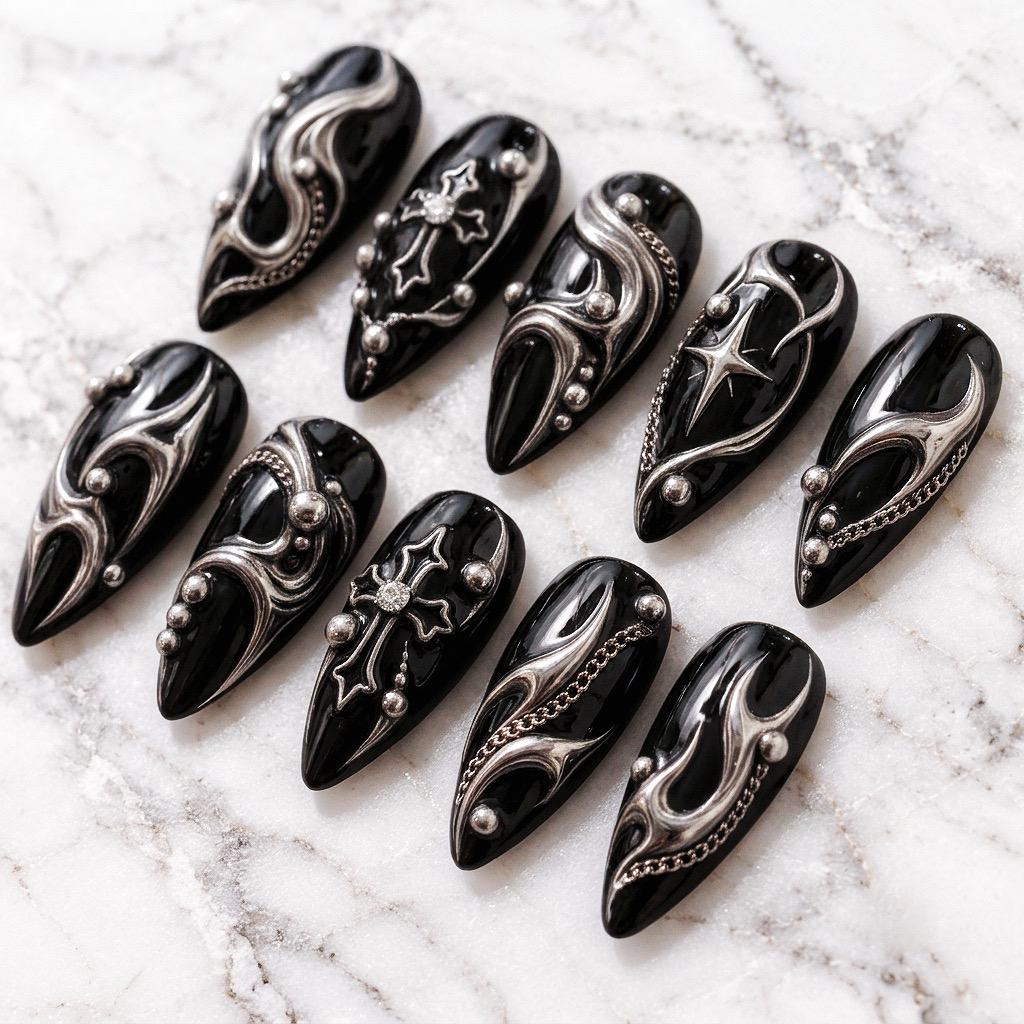 Black Chrome Gothic Cross and Star Press-On Nail Set
