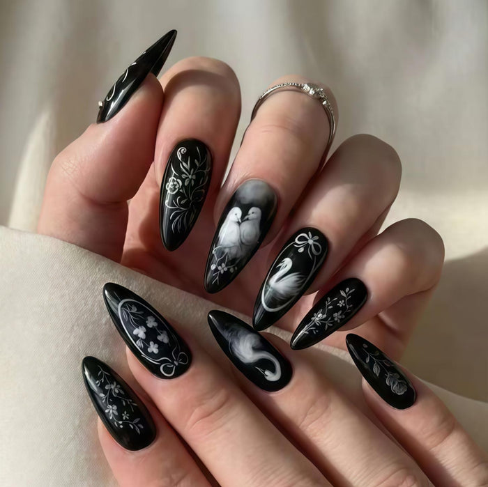 Black Dove and Swan Wedding Press On Nail Set With Floral Scrollwork