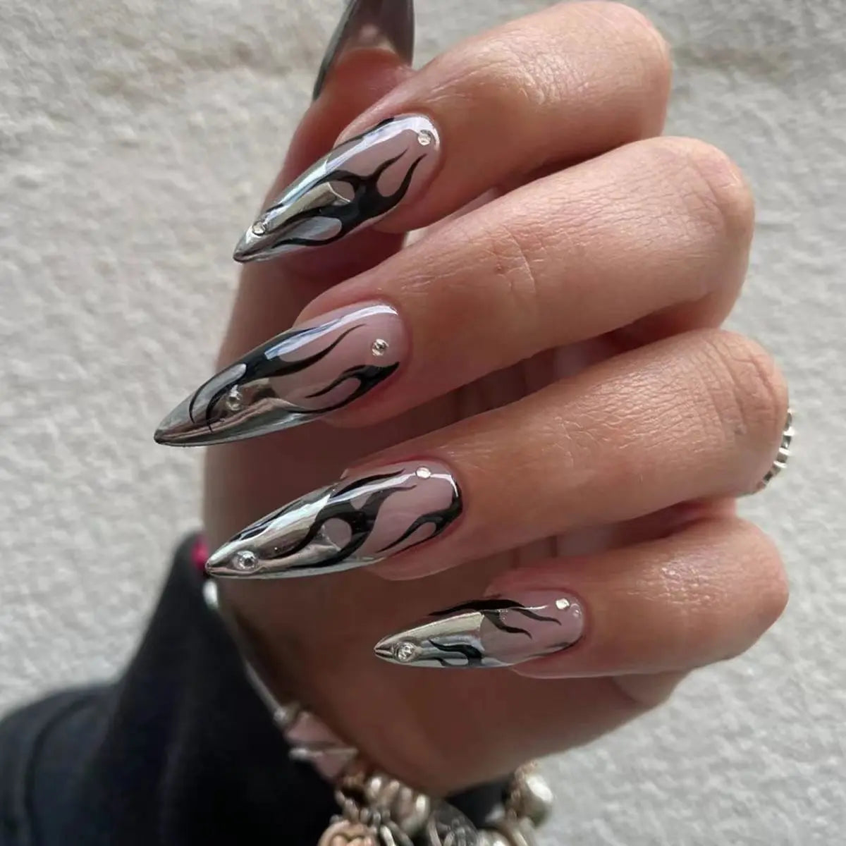 Black Flame and Silver Chrome Press-On Nails