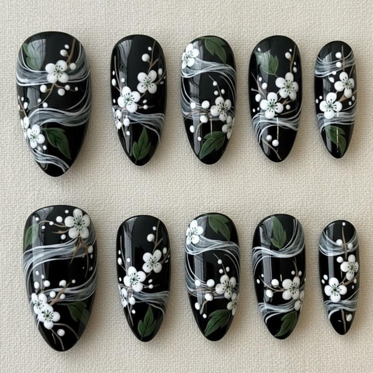 Black Floral Press-On Nails with White Blossoms and Silver-Gray Lines