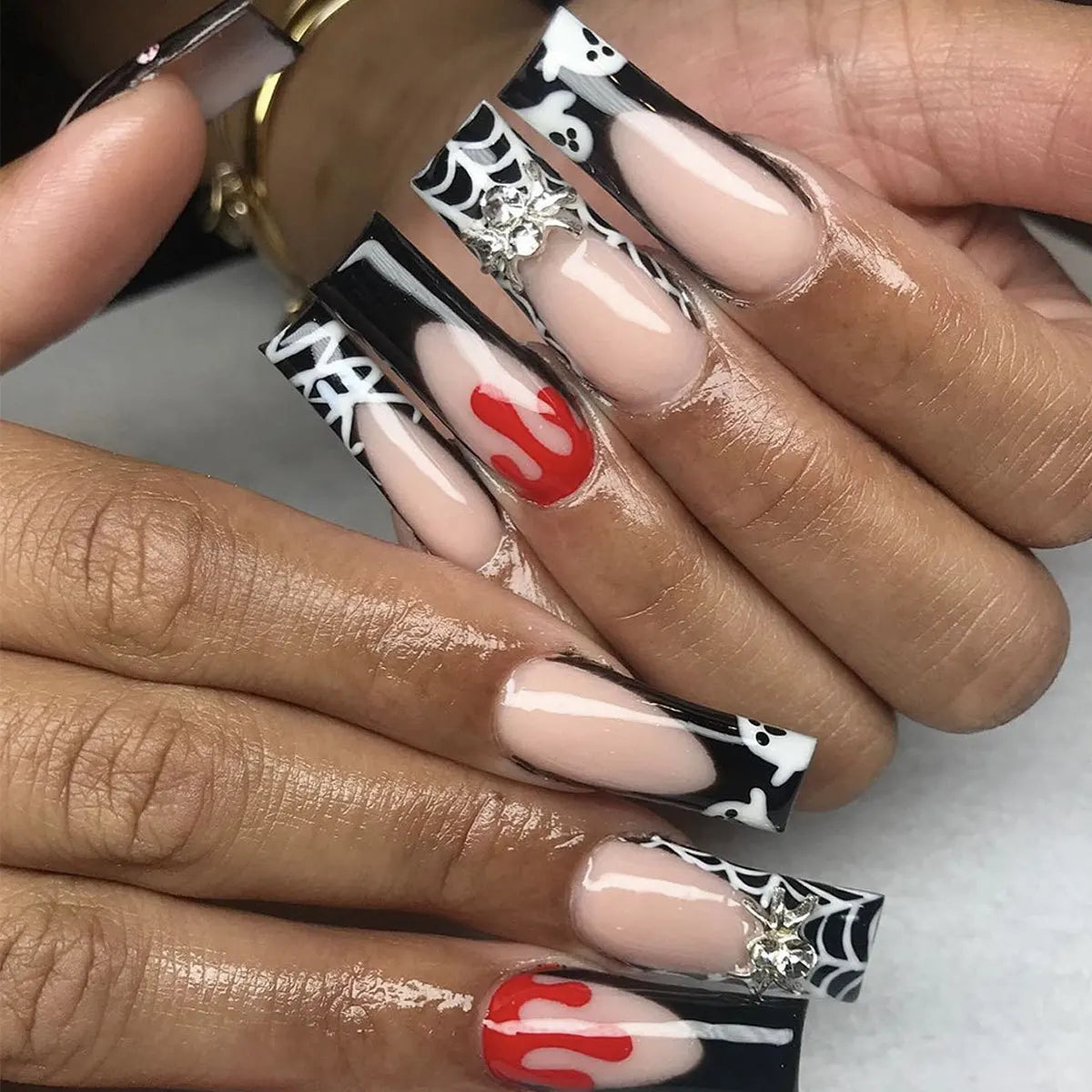 Black French Tip Halloween Nails with Spiderwebs, Red Dripping Accents and Rhinestones