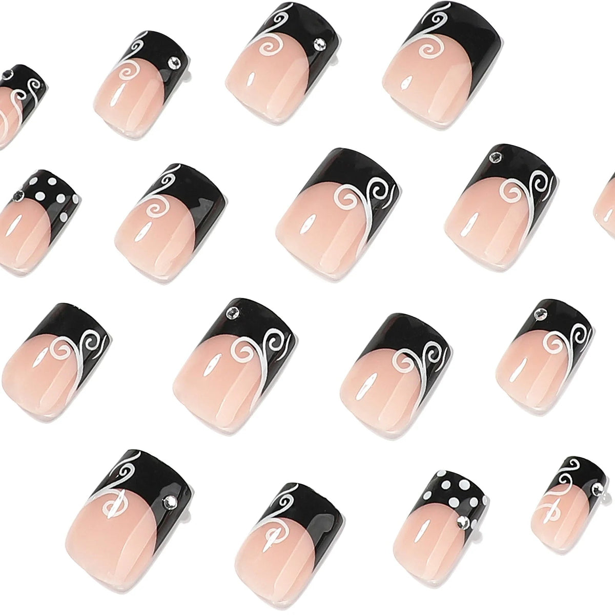 Black French Tip Nails With White Polka Dots, Scrollwork, and Rhinestones