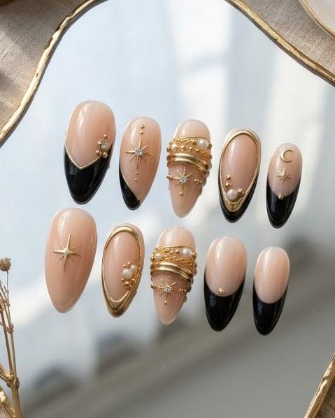 Black French Tip Press-On Nails with Gold Celestial and Pearl Details