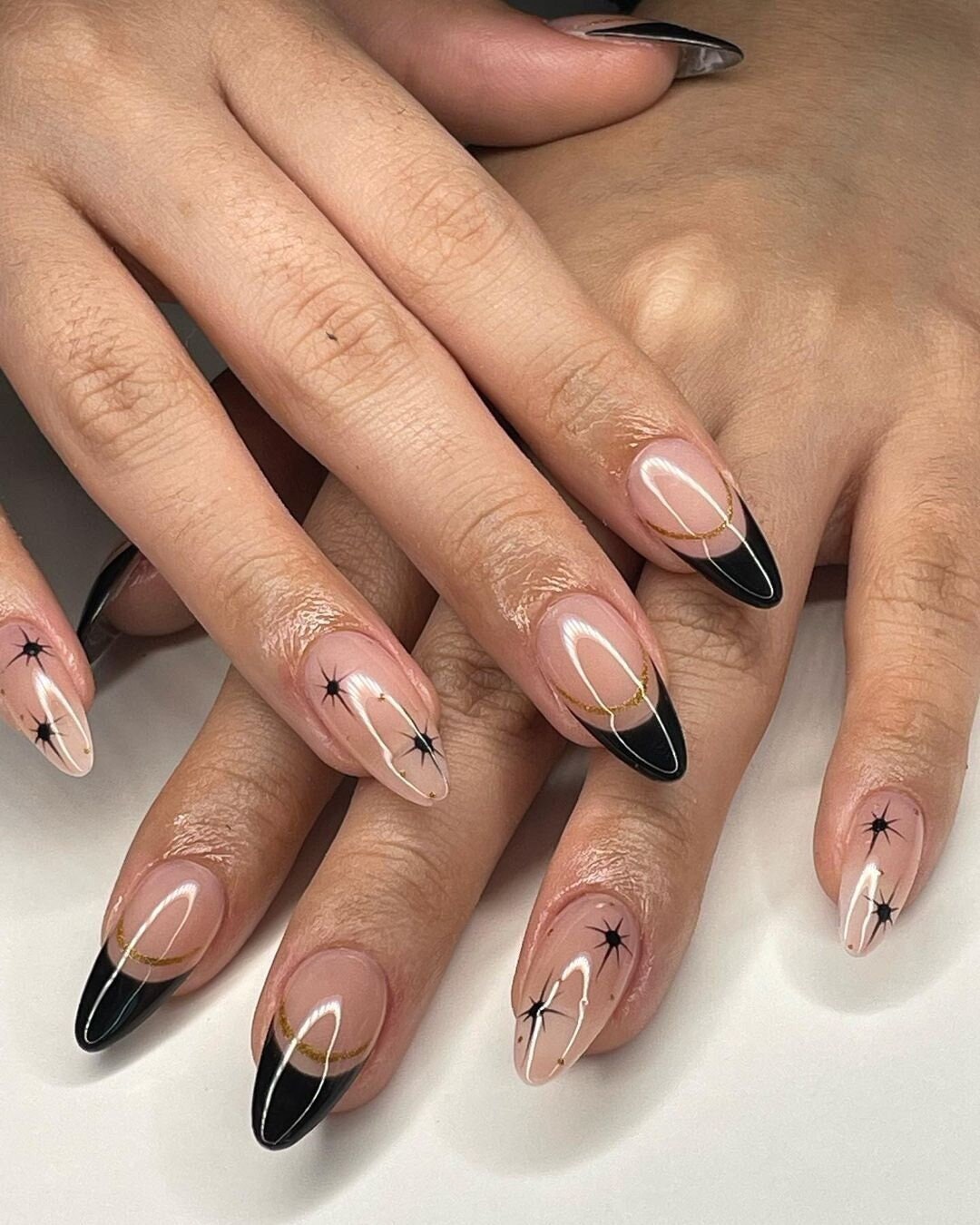 Black French Tip Press On Nails With Gold Glitter and Starburst Accents
