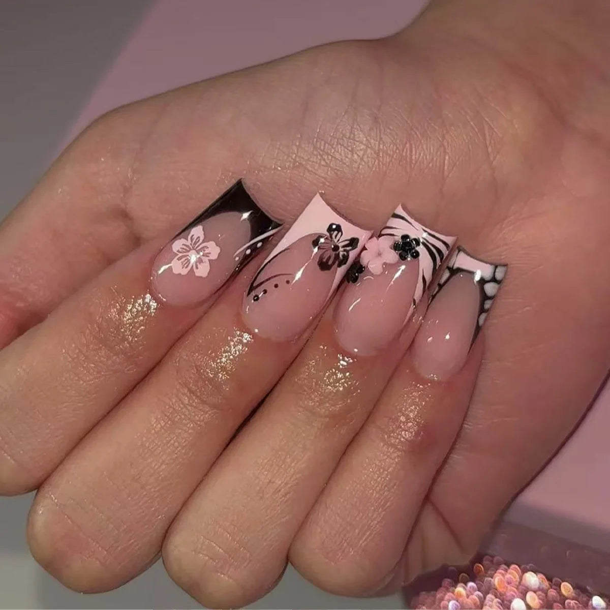 Black French Tip Press On Nails With Pink Floral Details