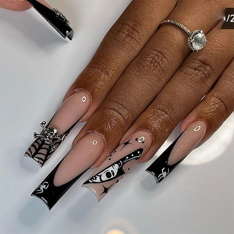 Black Gothic French Tip Press On Nails with Webs, Knife Graphic and Silver Charm
