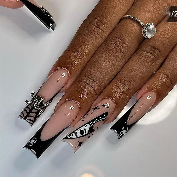 Black Gothic French Tip Press On Nails with Webs, Knife Graphic and Silver Charm