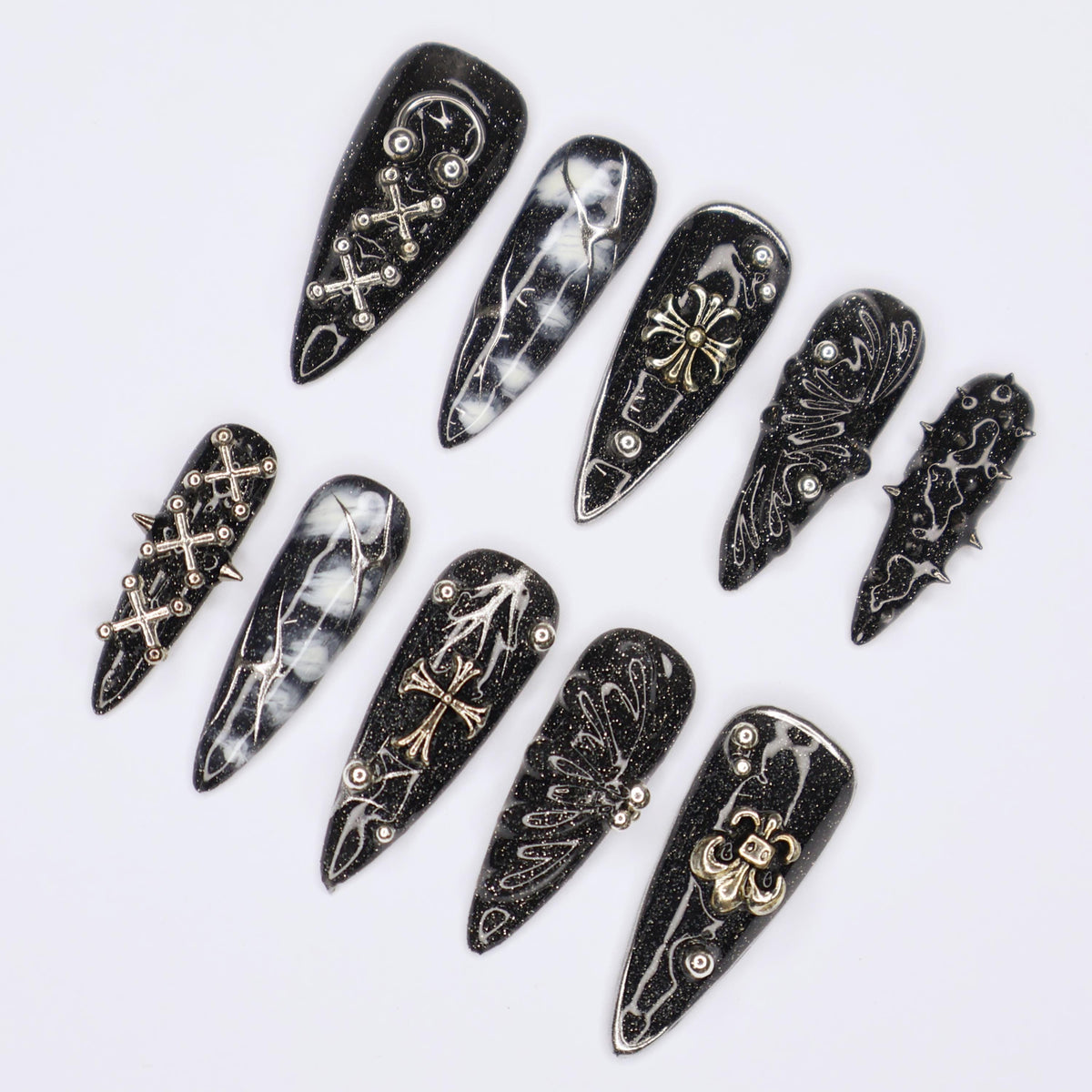Black Gothic Halloween Marble Press On Nail Set With Silver Crosses and Wing Motifs