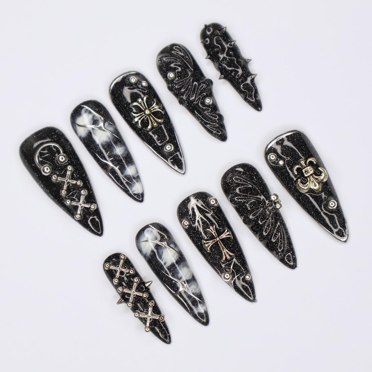 Black Gothic Halloween Marble Press On Nail Set With Silver Crosses and Wing Motifs