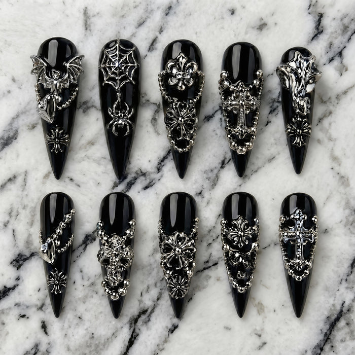 Black Gothic Halloween Press On Nails With 3D Silver Crosses, Spider Webs, Chains, and Charms