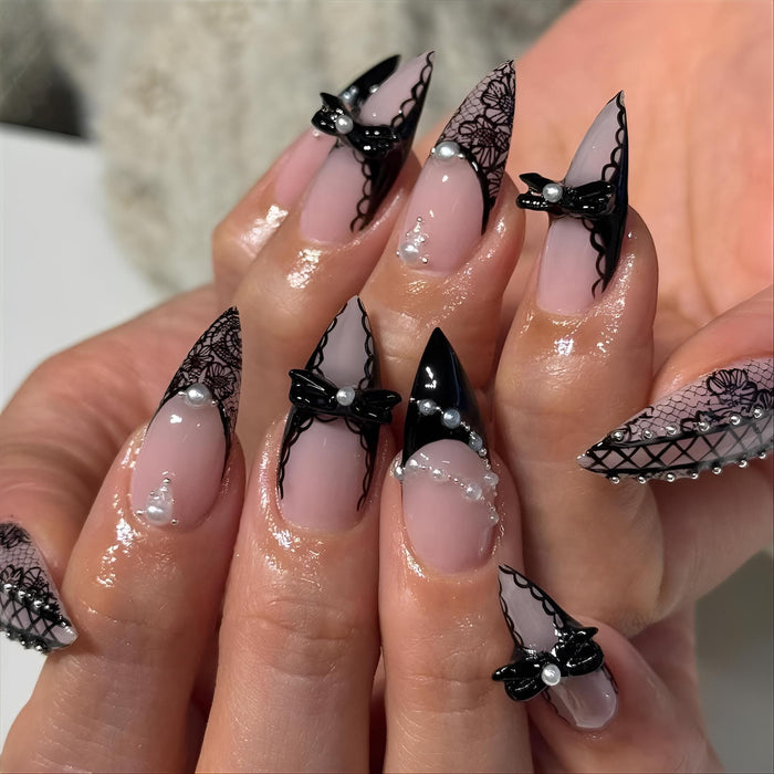 Black Gothic Lace French Tip Press-On Nails with Pearl Bows, Dark Coquette Style
