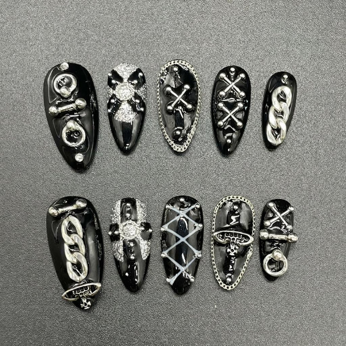 Black Gothic Press On Nails with Silver Chains, Crossbones and 3D Details
