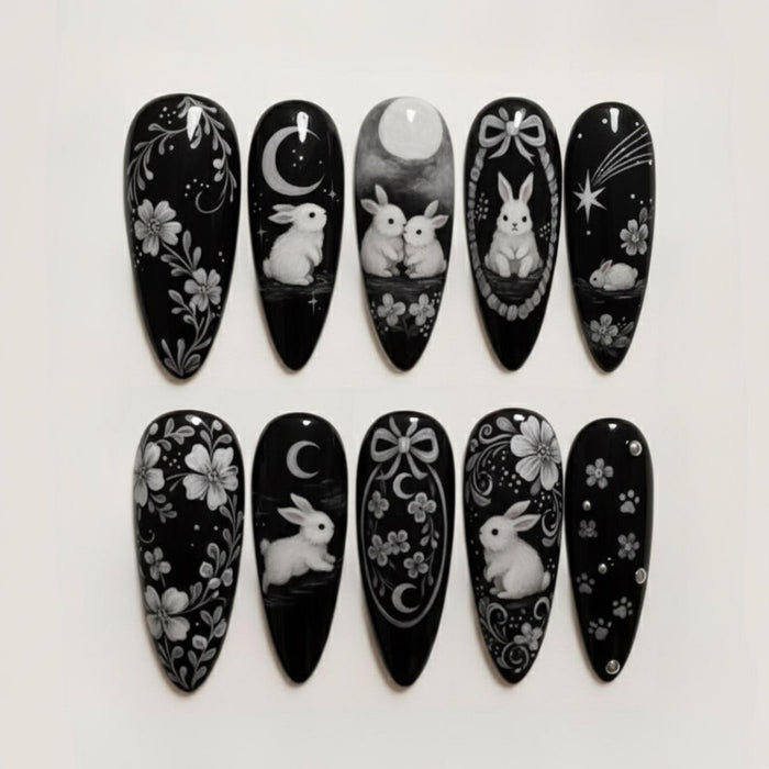 Black Gothic Rabbit Press On Nails With Moon, Star, Bow, and Floral Art