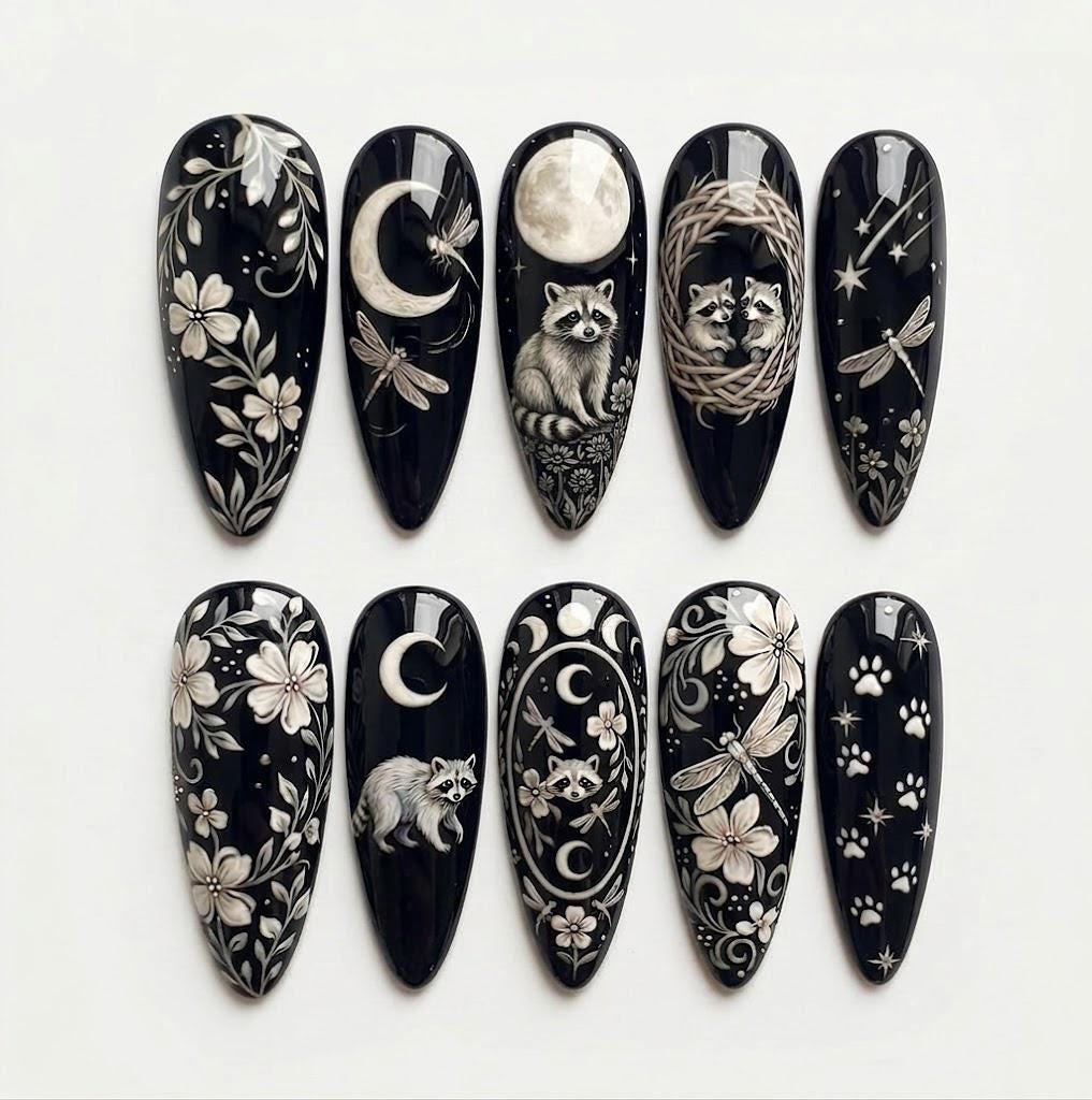 Black Gothic Raccoon and Celestial Floral Nail Set