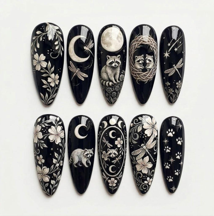Black Gothic Raccoon and Celestial Floral Press On Nail Set