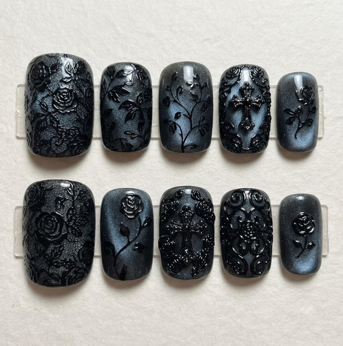 Black Gothic Rose and Cross Press On Nails with Silver Cat-Eye Details