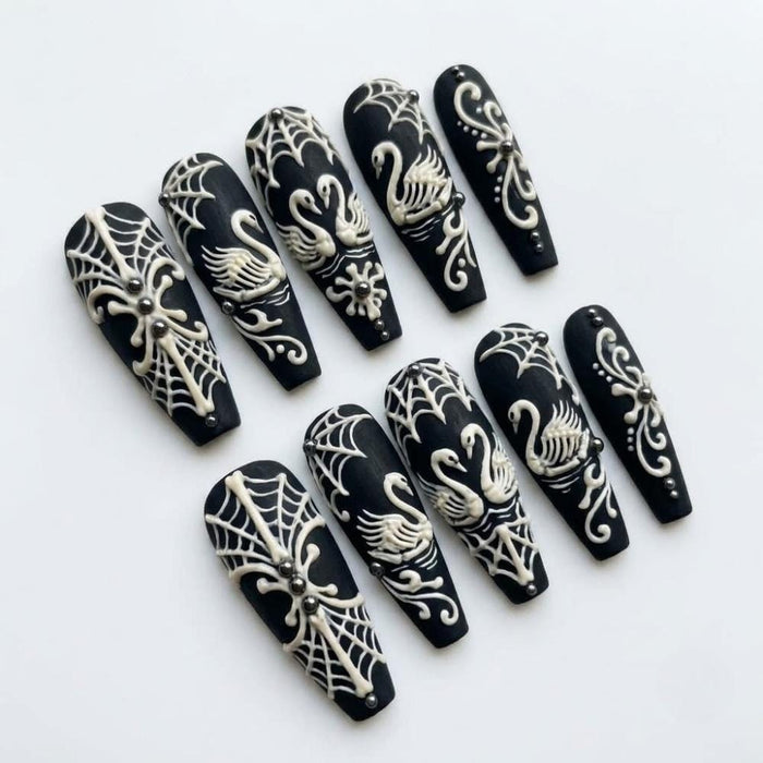 Black Gothic Swan Press On Nails With Ivory Spiderwebs and Filigree