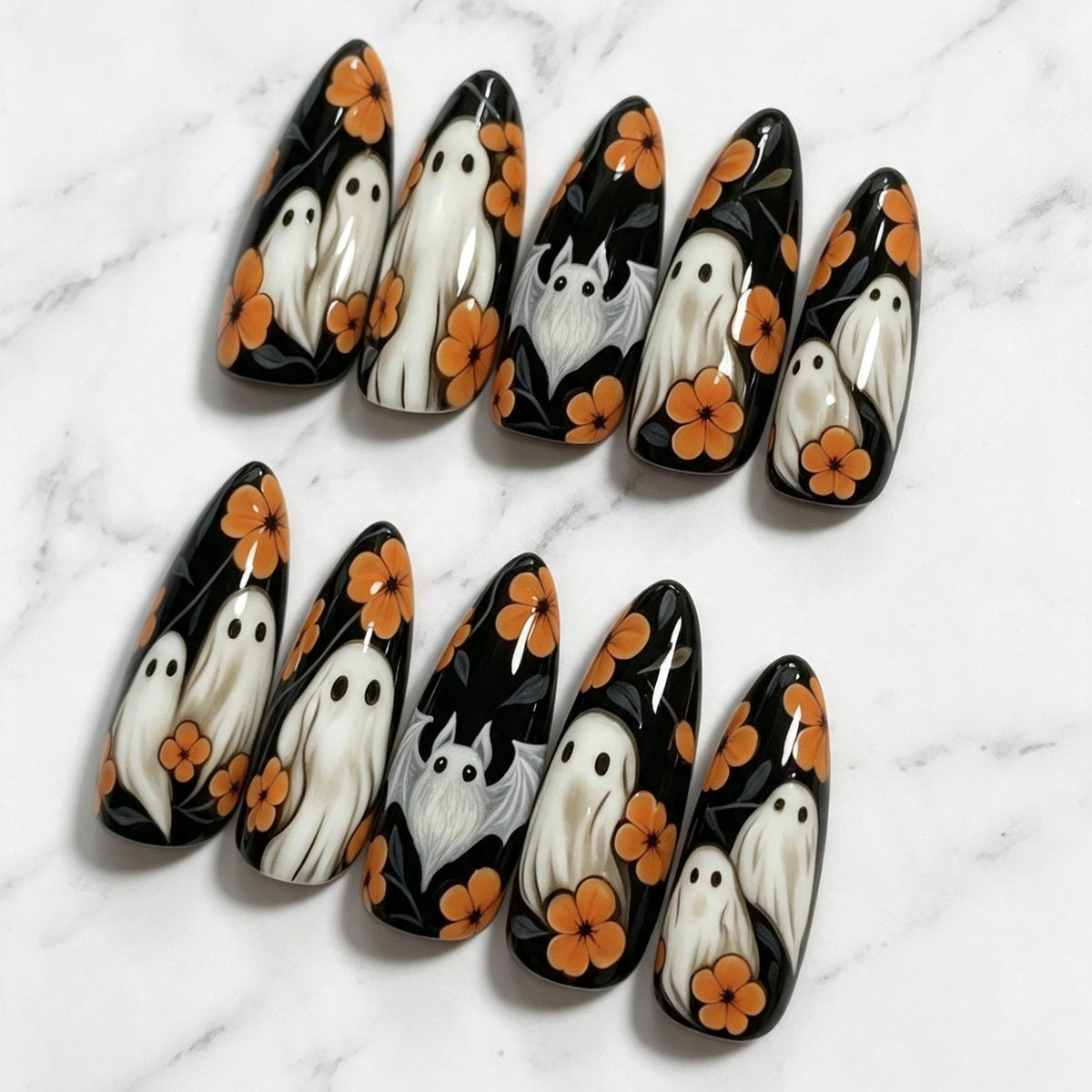 Black Halloween Ghost Nails With Orange Flowers and Dark Foliage