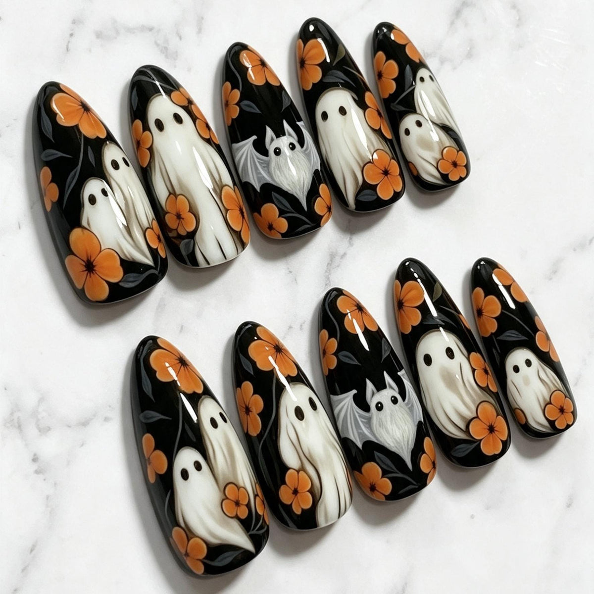 Black Halloween Ghost Nails With Orange Flowers and Dark Foliage
