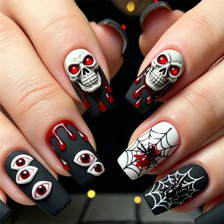 Black Halloween Nails With Red Drips, Eyeballs, Skulls & Spiderwebs