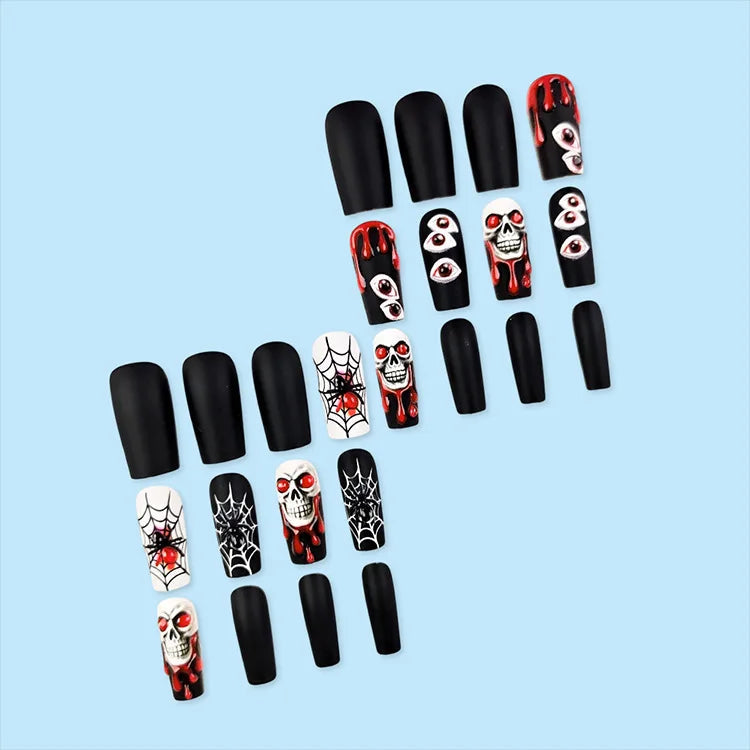 Black Halloween Nails With Red Drips, Eyeballs, Skulls & Spiderwebs