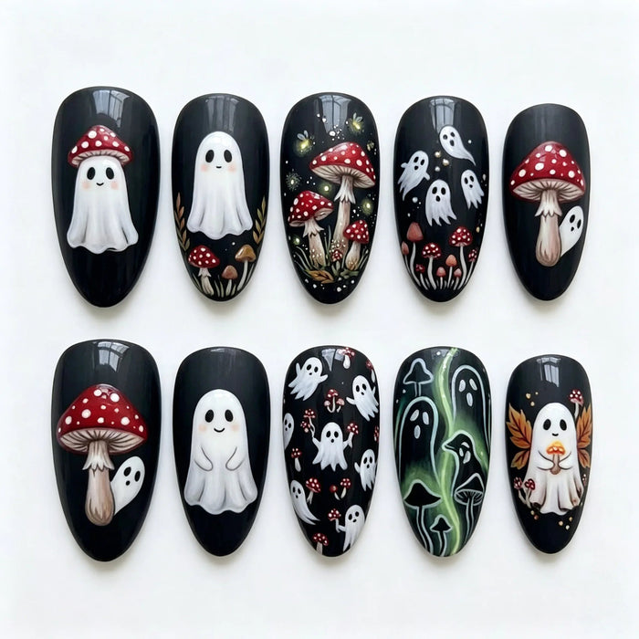 Black Halloween Press On Nails with White Ghosts and Red Spotted Mushrooms