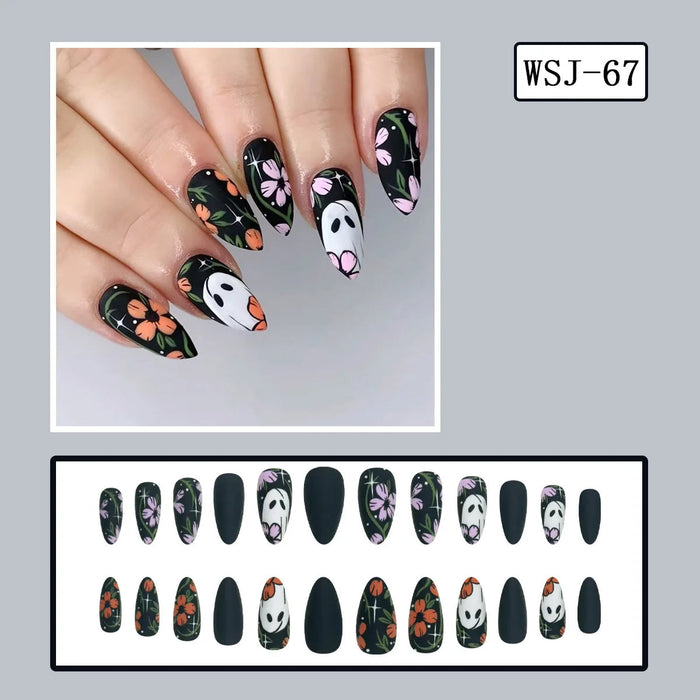 Black Halloween Press On Nails With Ghosts and Pink Orange Flowers