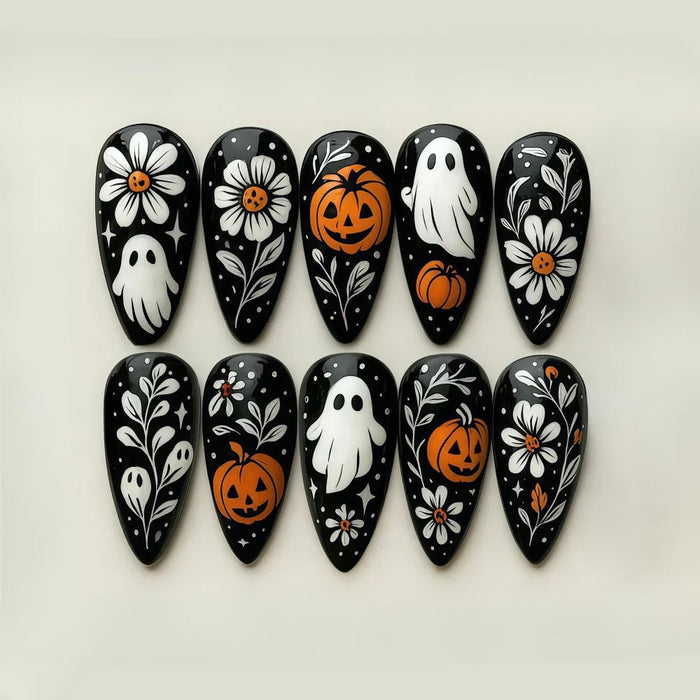 Black Halloween Press On Nails With Ghosts, Pumpkins and Daisies