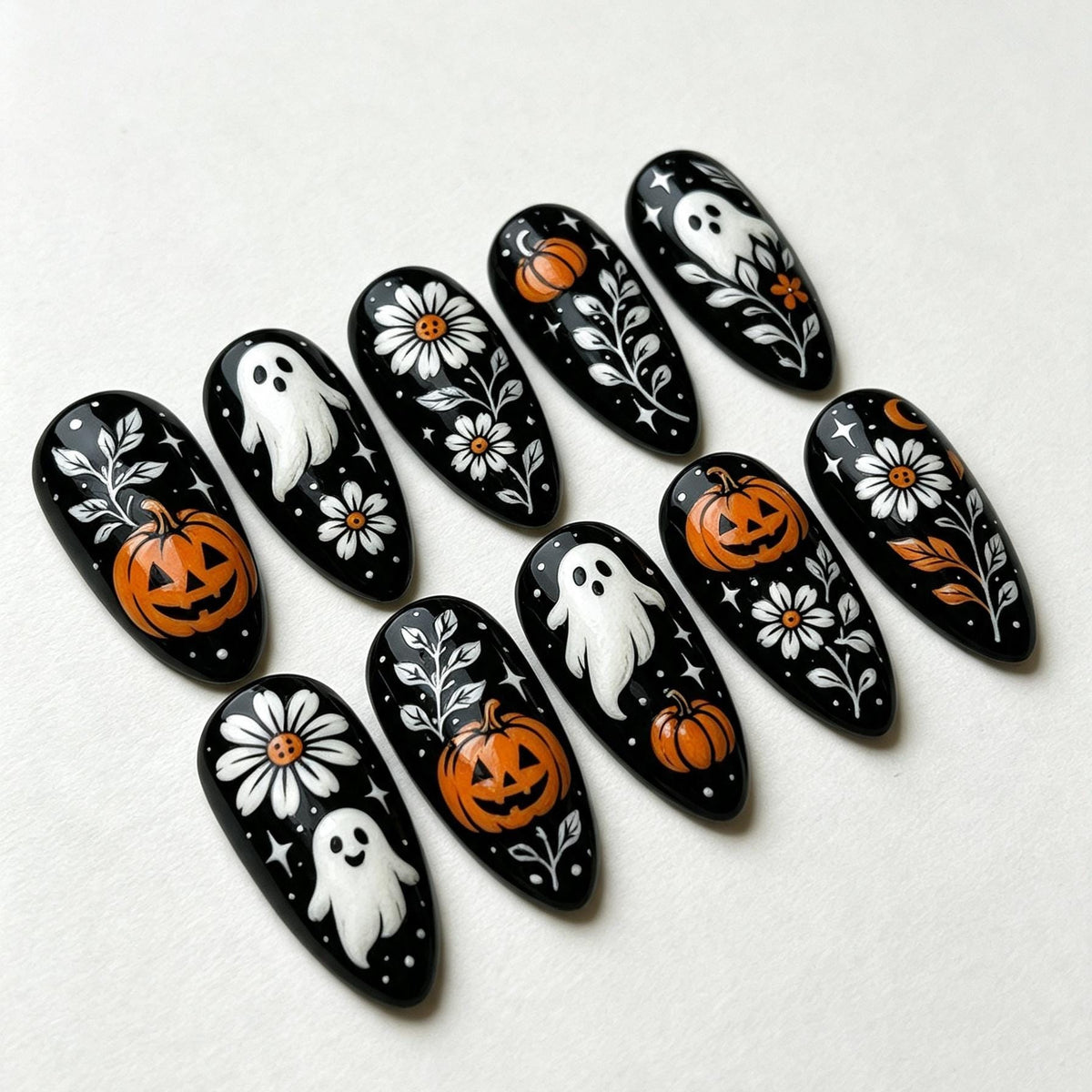Black Halloween Press On Nails With Ghosts, Pumpkins & Daisies