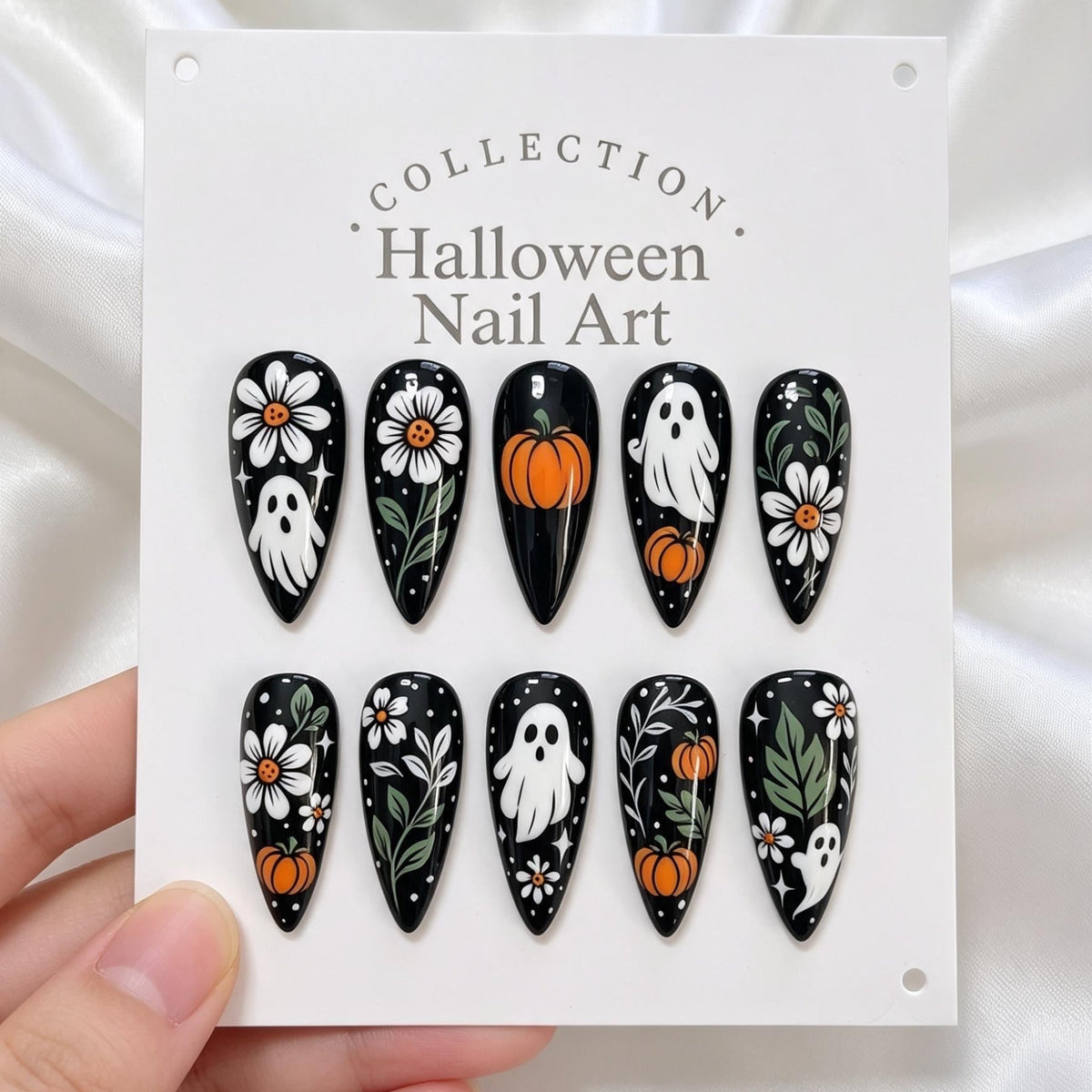 Black Halloween Press On Nails With Ghosts, Pumpkins, and Autumn Flowers