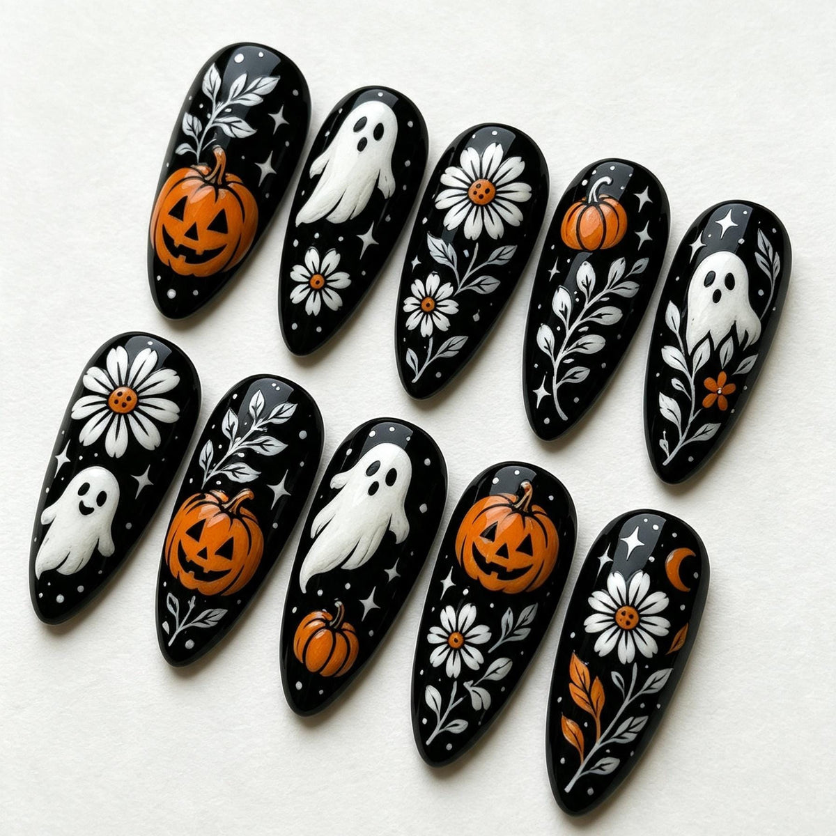 Black Halloween Press On Nails With Ghosts, Pumpkins & Daisies