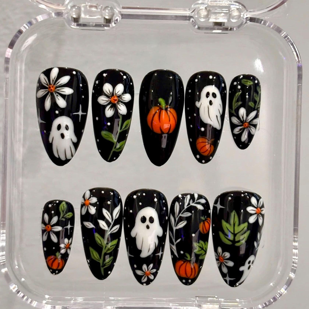 Black Halloween Press On Nails With Ghosts, Pumpkins, and Autumn Flowers