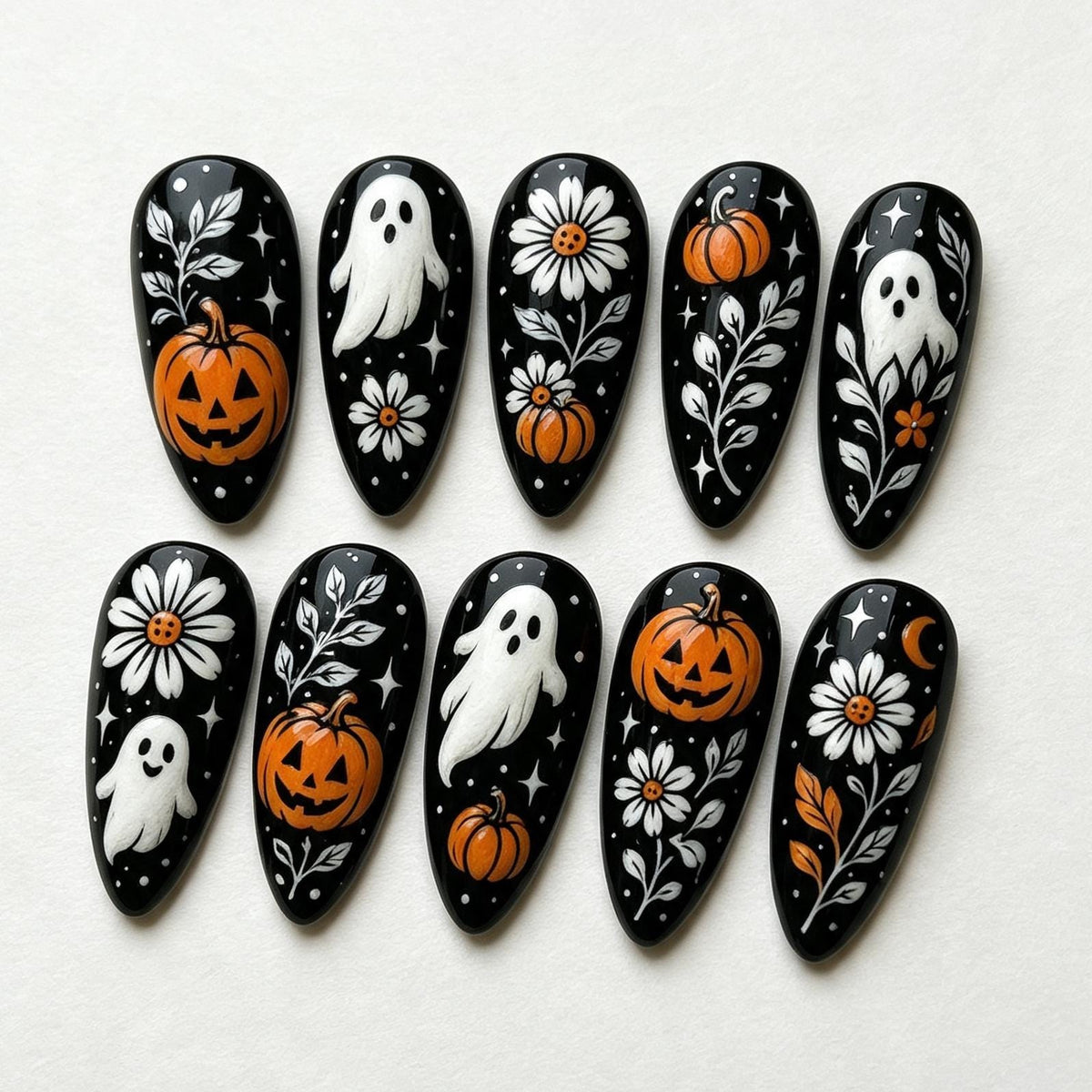 Black Halloween Press On Nails With Ghosts, Pumpkins & Daisies
