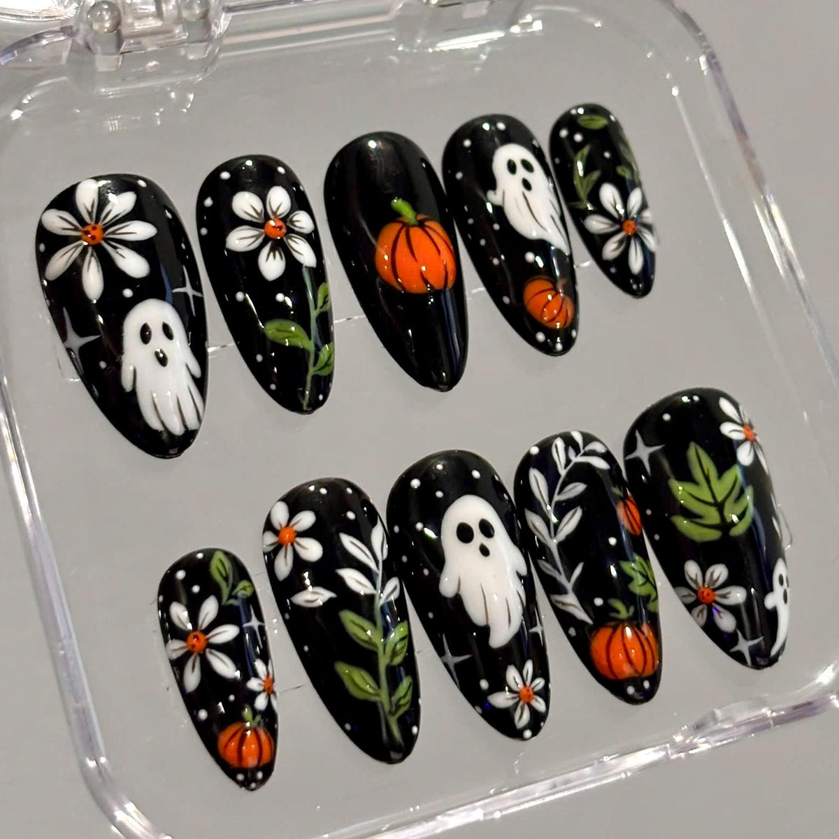 Black Halloween Press On Nails With Ghosts, Pumpkins, and Autumn Flowers