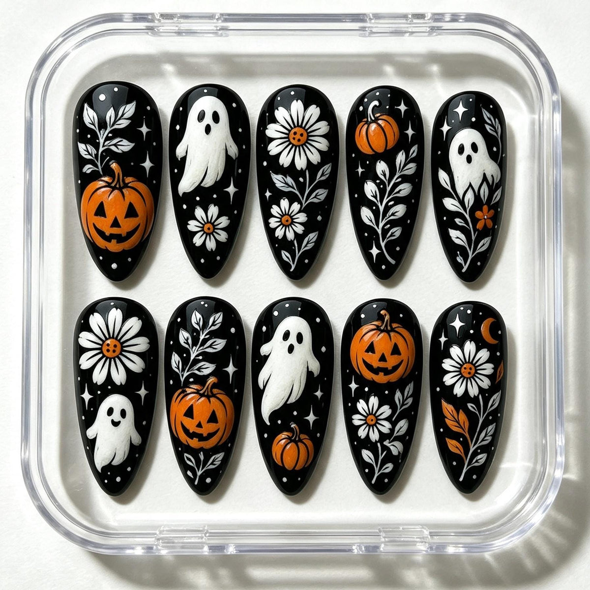 Black Halloween Press On Nails With Ghosts, Pumpkins & Daisies