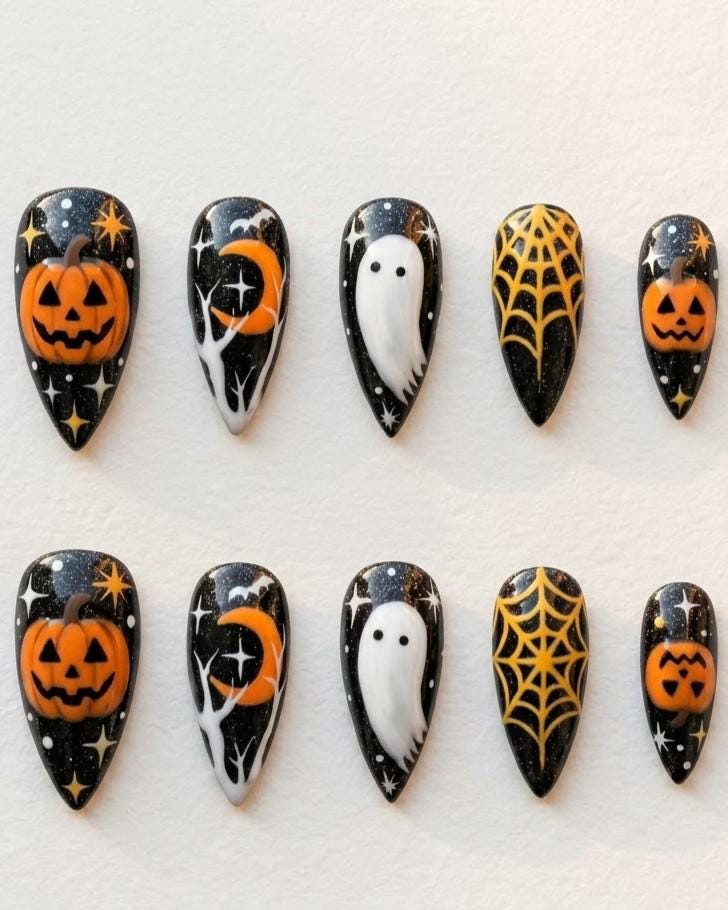 Black Halloween Press On Nails With Orange Pumpkins, Ghosts and Gold Spiderwebs