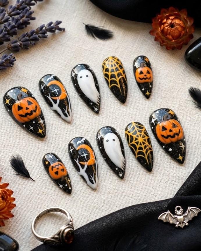 Black Halloween Press On Nails With Orange Pumpkins, Ghosts and Gold Spiderwebs