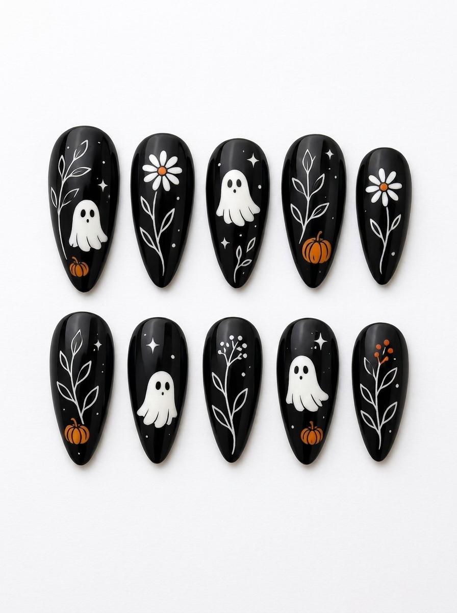 Black Halloween Press On Nails with White Ghosts, Daisies and Orange Pumpkins