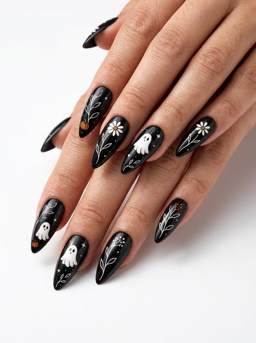 Black Halloween Press On Nails with White Ghosts, Daisies and Orange Pumpkins