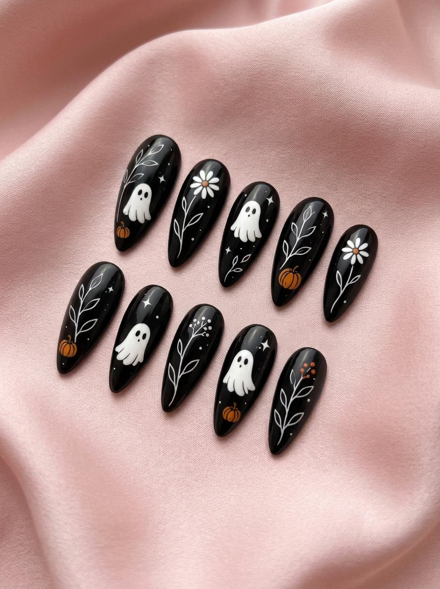 Black Halloween Press On Nails with White Ghosts, Daisies and Orange Pumpkins