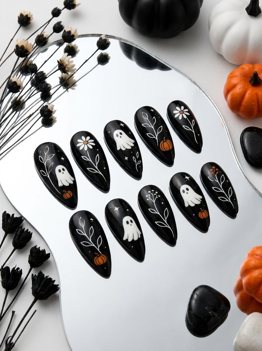 Black Halloween Press On Nails with White Ghosts, Daisies and Orange Pumpkins