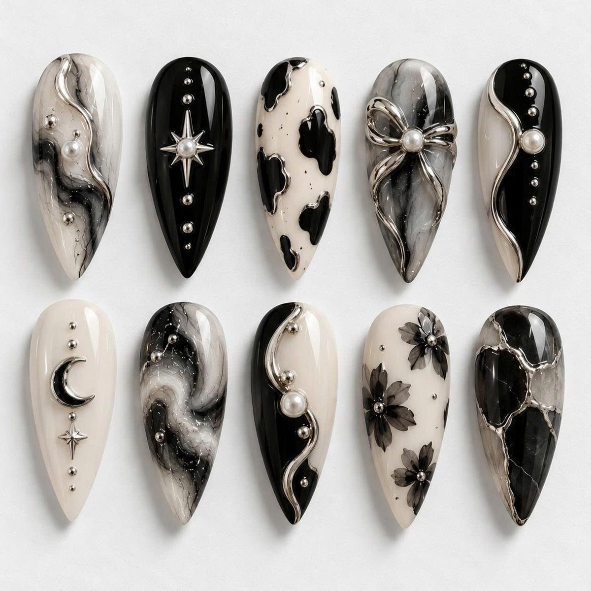 Black, Ivory & Gray Marble Cow Print Nails With Chrome Bows and Pearls